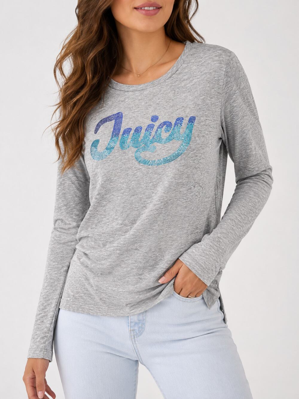 Juicy Couture Medium Gray Long Sleeve Rhinestone Logo Tee NWT